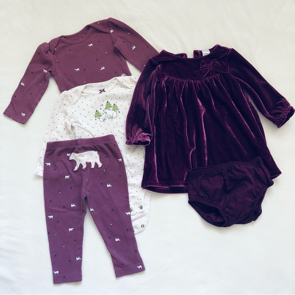 Carter's Matching Set, Bodysuits, Pants, & Velvet Dress, Baby Girl 9-12 Months